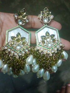 Elegant Pearl & mehndi Green Stone Earrings