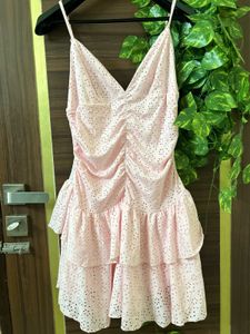 Chic Pink Eyelet Tiered Mini Dress