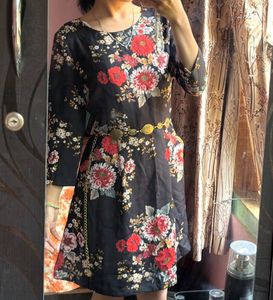 Black Floral Print Dress with Gold Belt