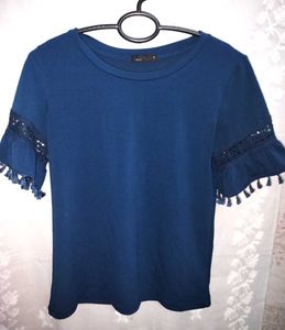 Navy Blue Top With Lace&Taccel Trim Sleeve