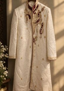 Men's Cream maroon Embroidered ethnic Sherwani