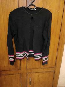 Chic Black Cardigan with Striped Cuffs