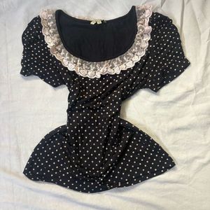 Cute Polka Dot Lace Trim Top