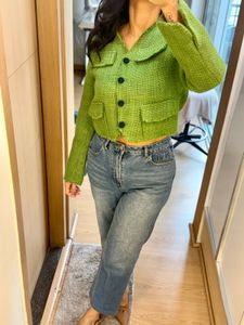 Green Textured Cropped Jacket