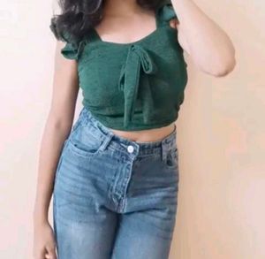 Green Tie-Front Crop Top