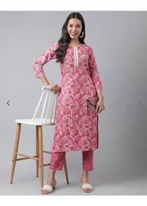 Pink Leaf Print Kurta Set