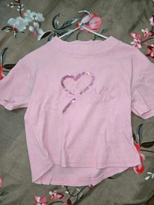 Pink Cropped Ribbed Top with Heart Detail