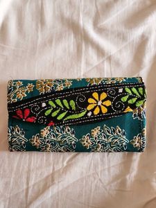 Embroidered Teal Green Saree Wallet Clutch