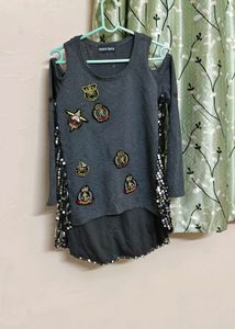 Gray Cold Shoulder Top with Sequins & Patches