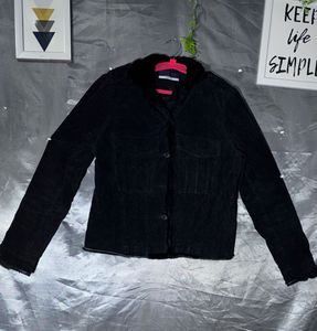 Black Corduroy Jacket with Fur Trim