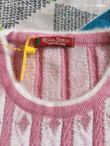Pink &amp; White Knitted Kurta Set