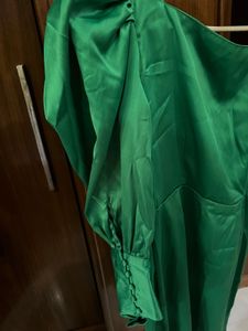 Emerald Green Satin Puff Sleeve Dress