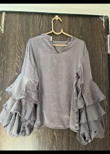 Stylish Grey Ruffle Sleeve Top