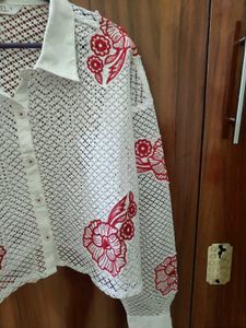 Chic White Crochet Floral Shirt
