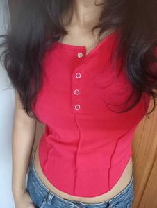 Red Button-Up Henley Corset-like Crop Top