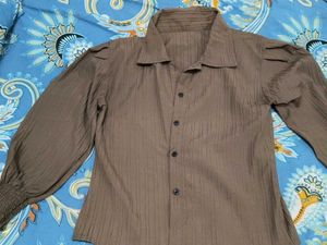 Brown Textured Blouse with Puff Sleeves