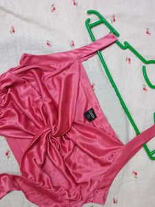 Stylish Pink Satin Twist Front Halter Top
