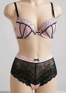 Lace Trim Pink Bra and Black Panty Set