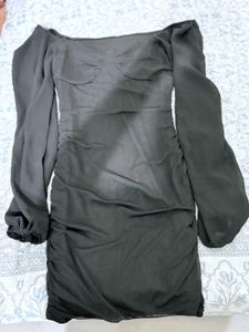 Chic Black Ruched Sheer Sleeve Dress