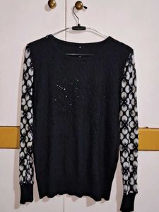 Black Sweater Top With Net Sleeves