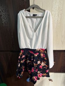 White Floral Print Long Sleeve Dress