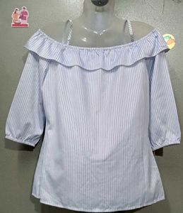 Blue Striped Doll Collar Off-Shoulder Top
