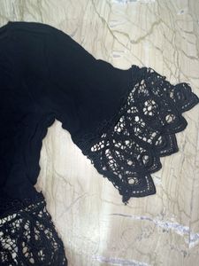Black Lace Trim Bell Sleeve Top