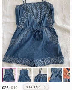 Denim Embroidered Strapless Romper