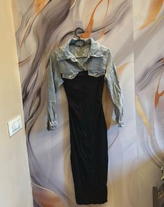 Chic Denim & Black Midi Dress