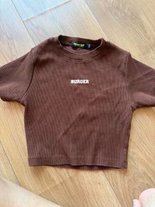 Brown Cropped Ribbed Top with Logo