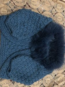 Cozy Blue Knit Cardigan with Fur Trim