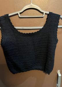 Black Cropped Crochet Top with Daisy Embroidery