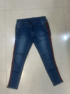 Blue Denim Jeans with Red Stripe Detail