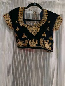 Dark Blue Embroidered Velvet Lehenga Set