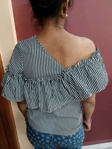 Striped One-Shoulder Ruffle Top