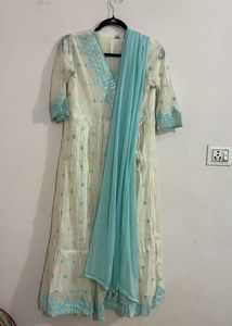 Cream Anarkali Kurta with Blue Embroidery