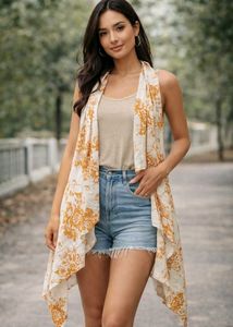Boho Floral Print Kimono Vest