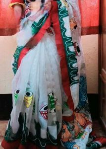 Hand printing White jamdani Saree with Colorful Mo