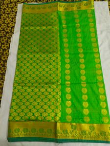 Vibrant Green Silk Saree with Gold Border