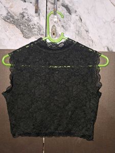 Black Lace Mock Neck Crop Top