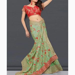 Embroidered olive Green Saree With Stitched Blouse