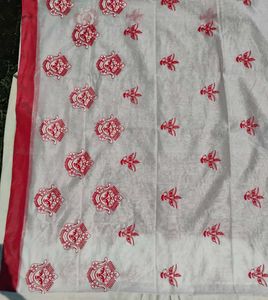 White Saree with Red Embroidery DURGA FACE