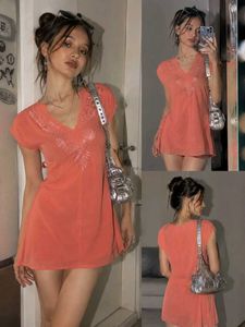 Coral embroidered V-neck Y2k mini dress/top