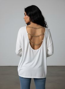 Chic White Long-Sleeve Top with Chain Detail