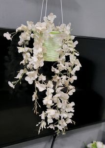 Set 3 Hanging White &amp; Pink Flowers &amp; Pot