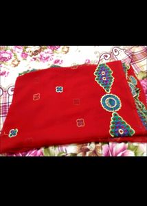 Georgette Red Saree With Embroidery .