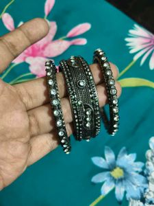 Set of 3 Oxidized Bangles with Stones