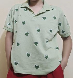 Cute Heart Print Polo Shirt size L
