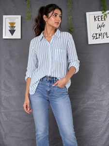 H&M linen Blue Striped Button-Up Shirt