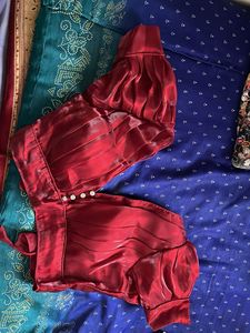 Elegant Red Silk Blouse with Puff Sleeves